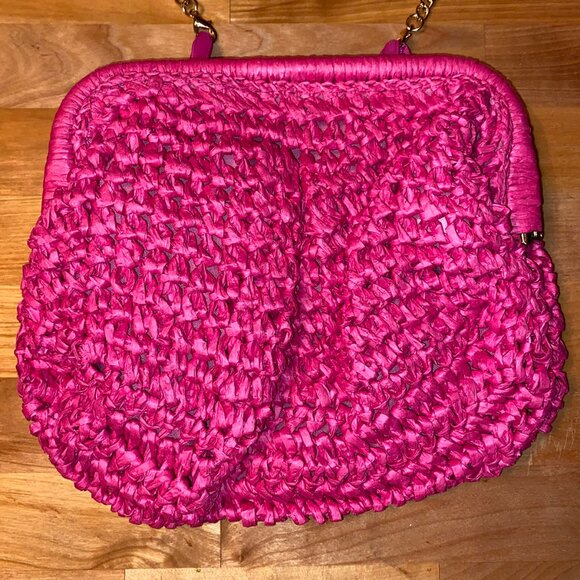 Bright Pink Straw Small Purse Bag with Gold Chain, New in Bag - Picture 3 of 4